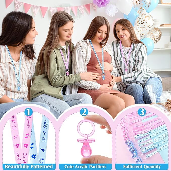 ZYFLSQ 60 Pieces Baby Shower Pacifiers Necklace, Acrylic Pacifier Necklaces for Baby Shower Games Girl Boy Charm, Party Favors, Decorations DIY, Table Scatter, Gender Reveal Necklaces(Pink&Blue)
