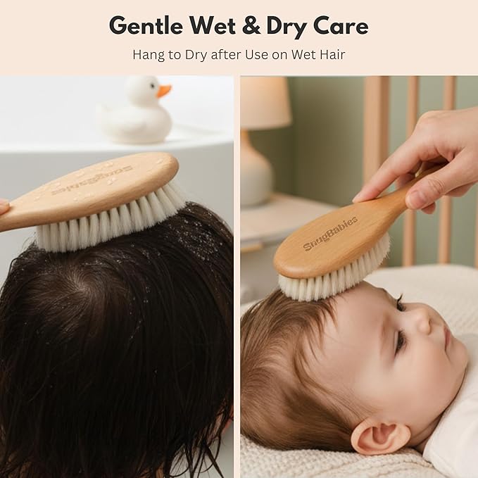 Baby Hair Brush & Comb Set for Newborns - Gentle Goat-Hair & Bamboo Bristle Hairbrushes with Easy Grip Wooden Handles - 5-Pack Baby Brush Set with a Cotton Travel Pouch - Gifts for Boys & Girls