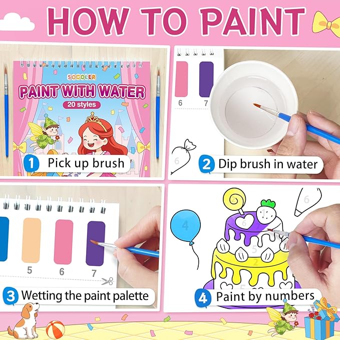 SOCOLER Paint with Water Coloring Books for Toddlers,Princess and Party Theme Mess Free Watercolor Painting Papers for Kids Water Color Paint Kit Art Craft Birthday Gift for Ages 1-3, 4-8