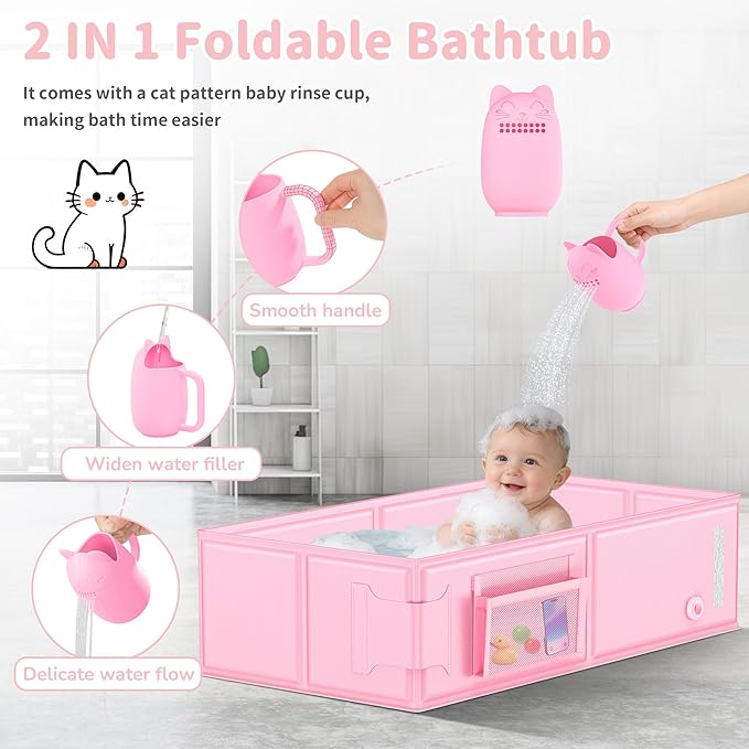 Baby Bathtub, Portable Bathtub with Cat-Patterned Bath Rinse Cup,Foldable Bath Tub for Small Bathroom,Toddler Tub for 6M-5Y,Baby Travel Essentials for Hotel,Camping & Beach