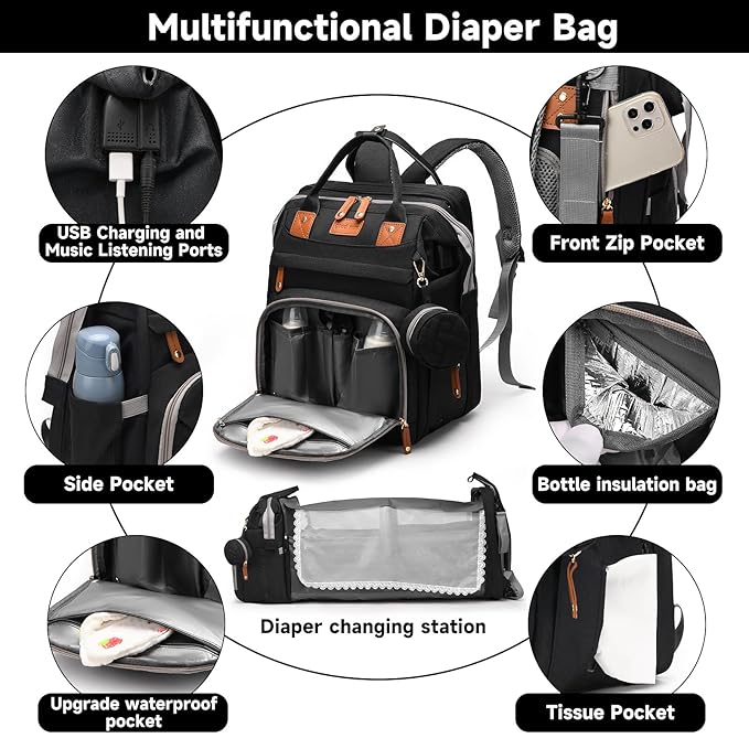 Baby Diaper Bags with Changing Station Multifunctional Waterproof Diaper Bag Backpack Travel Baby Bag with Changing Pad, Pacifier Case,Baby Essentials(Black)