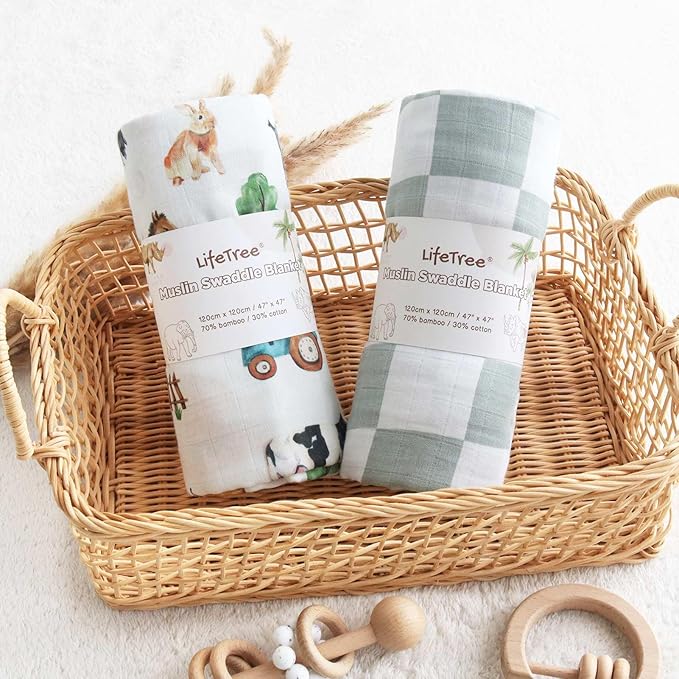 LifeTree Muslin Swaddle Blankets, Farm Animals Baby Swaddling Wrap Nursery Receiving Blanket for Boys & Girls, Soft 70% Viscose from Bamboo and 30% Cotton, Large 47 x 47 inches