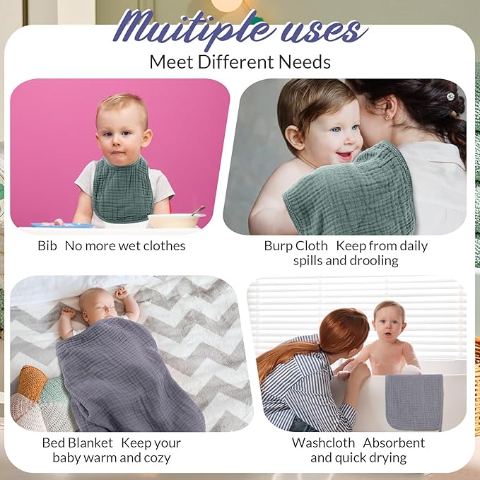 6 Pcs Muslin Hooded Bath Towels Washcloths and Bibs Set, Muslin Cotton Baby Towels Absorbent Hooded Blanket Towel Infant Bibs for Boys Girls Newborn Infant Essential(Gray, Green)