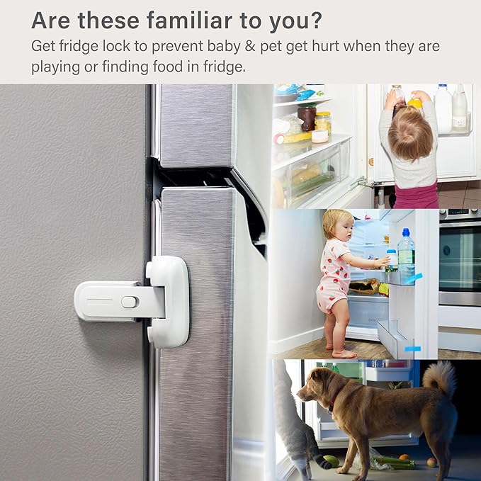 Fridge Lock for Kids, Refrigerator Lock Child Proof, Freezer Latches to Keep Door Closed, One Handed Operation, Strong Adhesive Tapes Included, White