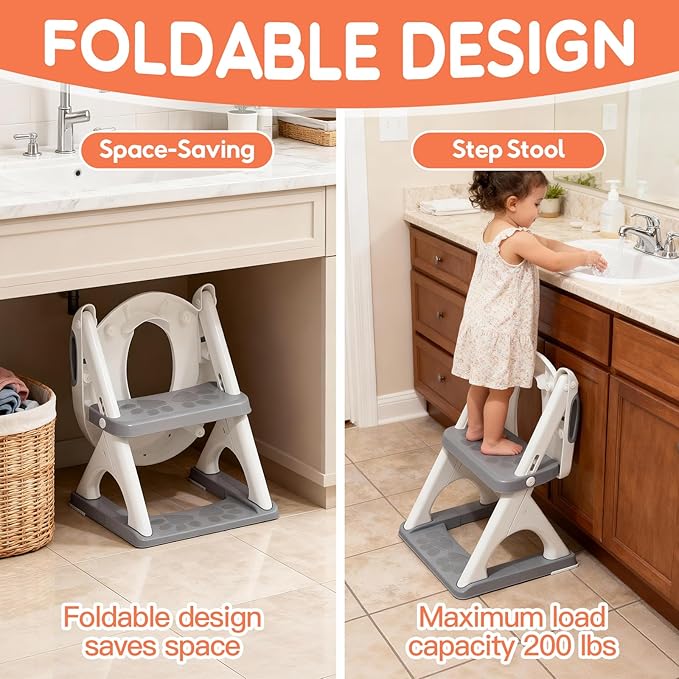 Potty Training Seat, SKYROKU Upgrade Toddler Toilet Seat for Kids, 2in1 Potty Training Toilet, Guard Anti-Slip Pad Step Stool,New Sector-Shape Stabilized Base and Heavier More Reliable (8899 Grey)