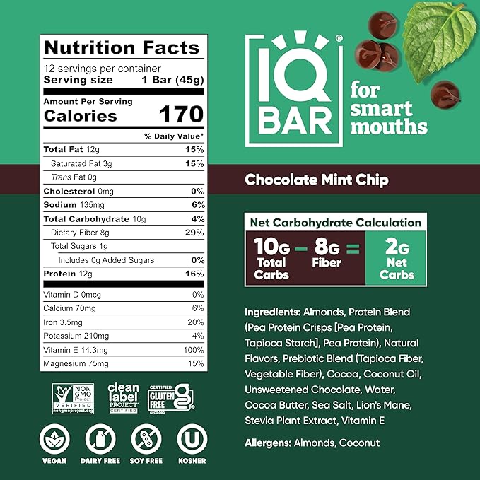 IQBAR Brain and Body Clean Plant Protein Bars - Chocolate Mint Chip - 36 Bars - Keto, Vegan, High Fiber, Gluten and Dairy Free, Low Sugar Snack with Nutrients for Focus, Energy, Meal Replacement