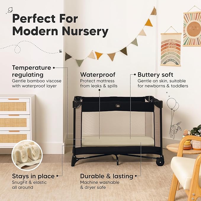 2-Pack Waterproof Pack and Play Sheets, Mini Crib Sheets Fitted for Boy, Girl - 38 x 26 Viscose from Bamboo Pack N Play Mattress Sheets for Graco, Toddler Playard Baby Crib Sheets Neutral(Maritime)