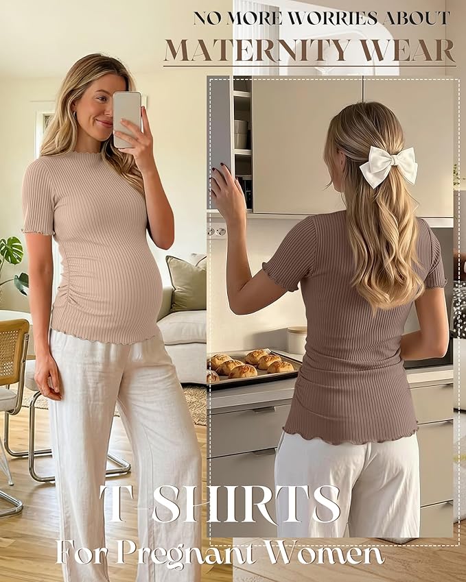 3 Pack Women's Maternity Tops Short Sleeve Ribbed Knit Maternity Shirts Crew Neck Side Ruched Pregnancy Clothes