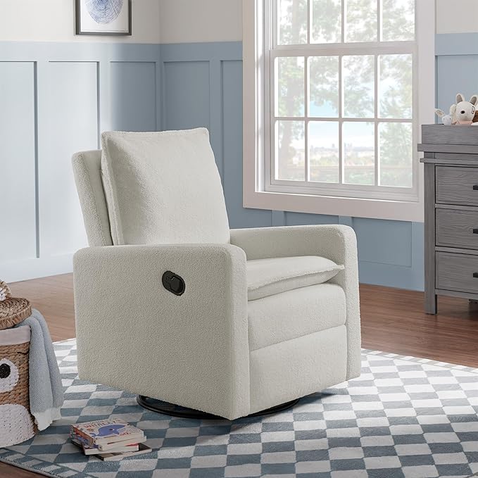 Oxford Baby Uptown Manual Upholstered Glider Recliner Rocking Chair 360° Swivel for Nursery and Living Room – Boucle White