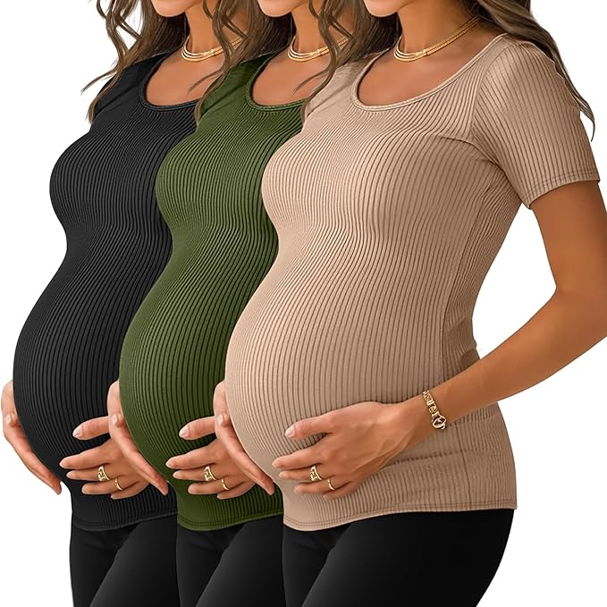 Neer 3 Pack Women's Ribbed Maternity Tops Pregnancy Round Neck Shirts Short Sleeve Soft Maternity Clothes for Mama