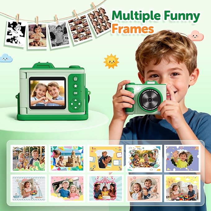 Kids Camera, Christmas Birthday Gifts for Boys Girls Age 3-12,Upgrade HD Flip Digital Video Cameras for Kids, Portable Toys for 3 4 5 6 7 8 9 10 Year Old Childrens with 32GB SD Card-Green