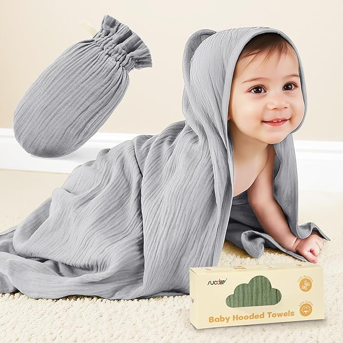 SUOSDEY Muslin Hooded Baby Towels for Newborn Infant Toddler, 70% Viscose from Bamboo 30% Cotton,Soft Baby Bath Towel with Hood Highly Absorbent and Newborn Essential,28 X 28 Inch