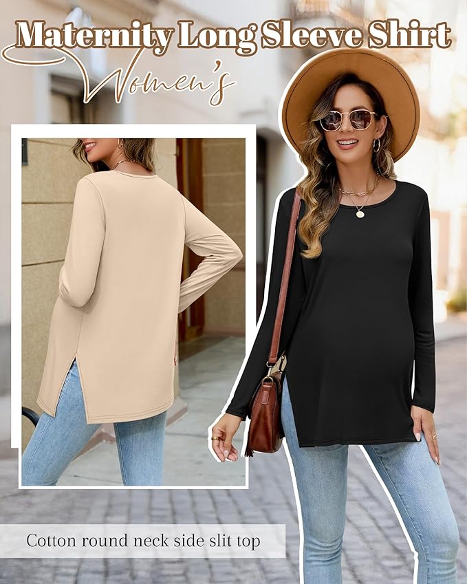 Riyiper 3 Pack Women's Maternity Long Sleeve T-Shirts Round Neck Side Split Tops Loose Casual Pregnancy Mama Clothes Fall