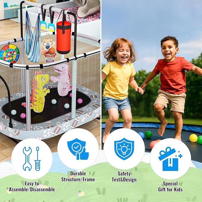 LAMERGE 55" 7-in-1 Round Trampoline for Kids Boys & Girls Ages 1-8, Indoor & Outdoor Trampoline for Fun, Adjustable Height Handrail ＆ Enclosed Safety Net ＆ Durable Designs for Toddlers Children