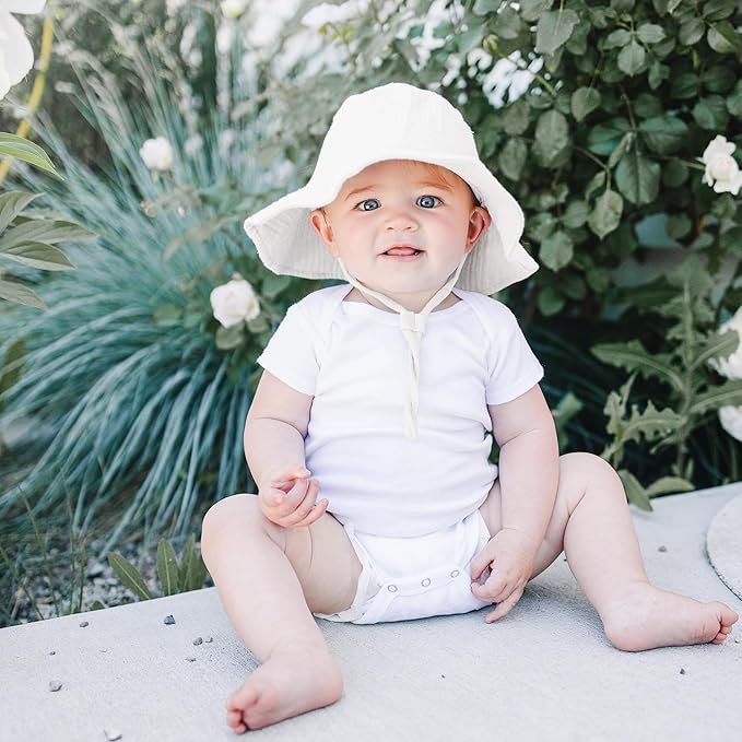 Konssy 2 Pack Muslin Baby Sun Hat UPF 50+ Sun Protection Baby Bucket Hat Summer Beach Hats with Wide Brim for Boys & Girls