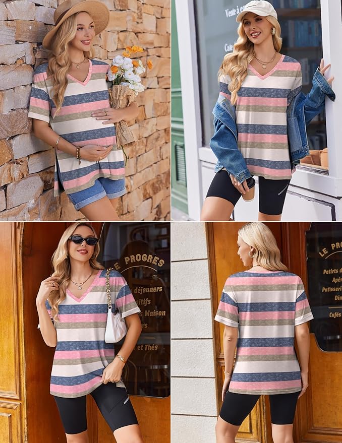 Ekouaer 3 Packs Women's Maternity Shirts V Neck Pregnancy Tops Short Sleeve Casual Workout Tees Side Split Mama Clothes