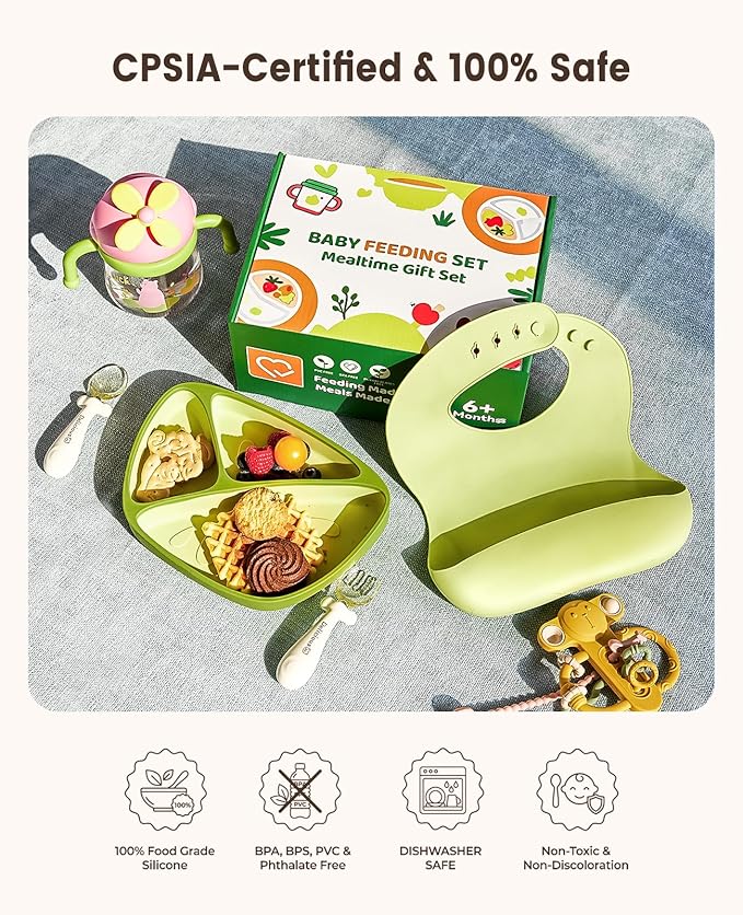 EMOJOY Silicone Baby Feeding Set, Toddler Plates Set 8 PCS – Suction Plate, Spoons, Forks, Bibs and Sippy Cups, Baby Led Weaning Essential, BPA-Free Baby Dishes & Utensils, Dishwasher Safe