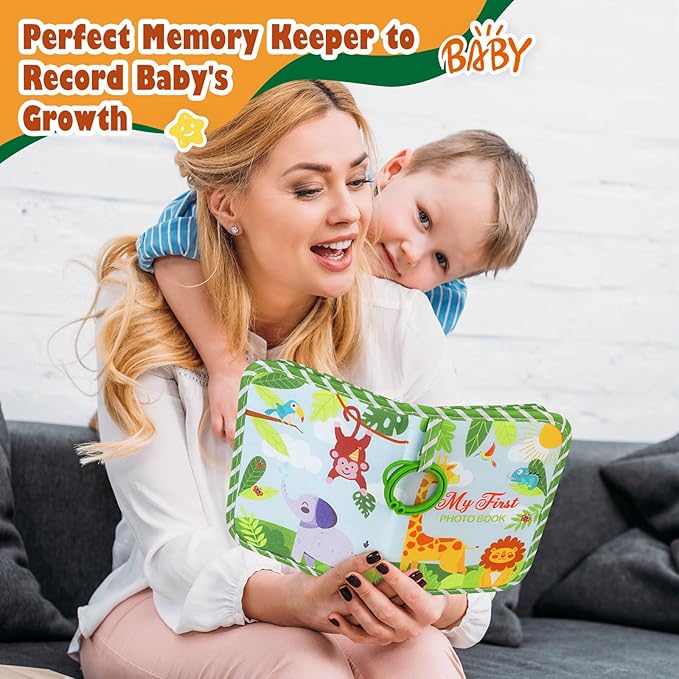 Lanpn Baby Photo Album Holds 17 4x6 Pictures, My First Soft Cloth Family Photo Book with Name Card Name Tag Stickers, Fabric Kid Memory Keepsake Gift for Baby Shower Newborn Toddler Boy Girl (Animal)