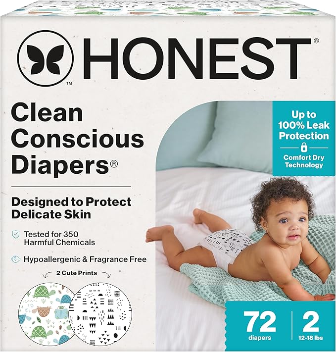 The Honest Company Comfort Dry Disposable Diapers for Sensitive Skin, Hypoallergenic, Fragrance-Free, Turtle Time + Pattern Play, Club Box Size 2 (12-18 lbs), 72 Count