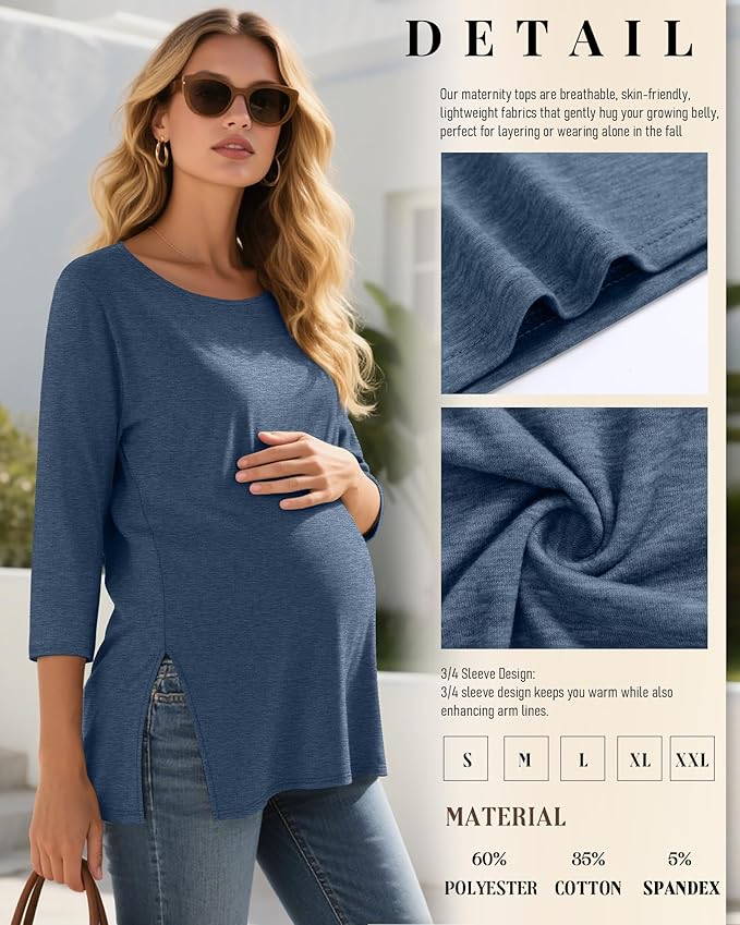 3 Pack Women's 3/4 Sleeve Maternity Shirts Elbow Length Clothes Round Neck Tunics Pregnancy Loose Side Split Tops