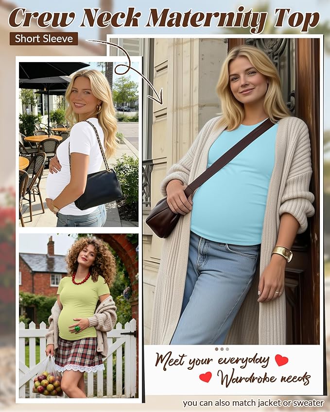 Huukeay 4 Pack Women's Maternity Shirts, Crew Neck Maternity Top Short Sleeve Casual Cotton Tee Side Ruched Pregnancy Clothes