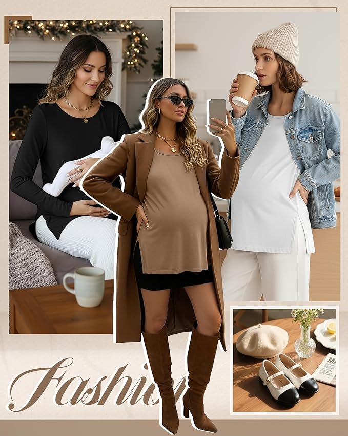 Riyiper 3 Pack Women's Maternity Long Sleeve T-Shirts Round Neck Side Split Tops Loose Casual Pregnancy Mama Clothes Fall