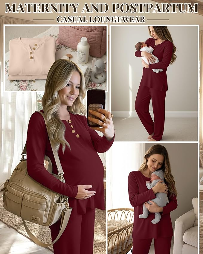 2 Piece Thermal Maternity Lounge Set Postpartum Pregnancy Fleece Loungewear Long Sleeve Top and Wide Leg Pant