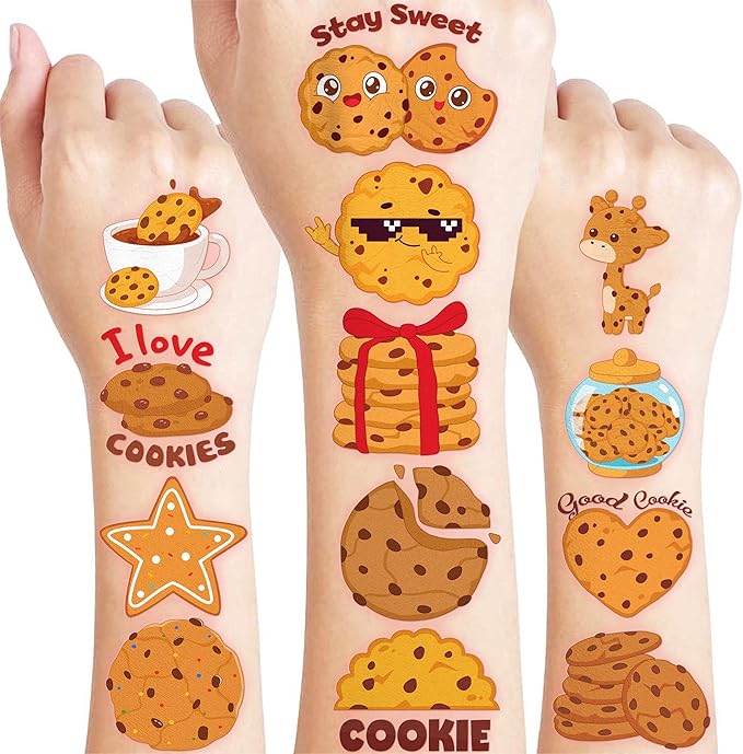 96 PCS Cute Cookie Pre-Cut Temporary Tattoos for Kids | Super Cute Milk Biscuits Themed Birthday Party Favors, Supplies, Decorations, Fake Tattoo Stickers, School Rewards Prizes & Gifts For Boys Girls