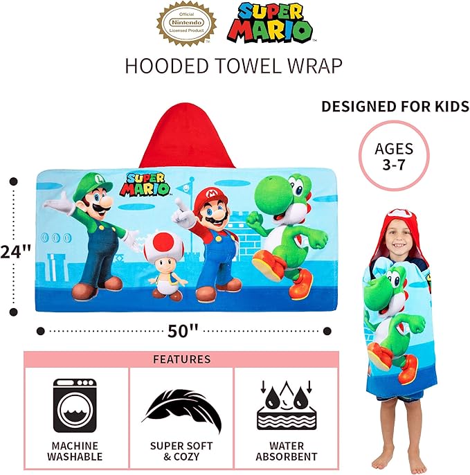Super Mario Bath/Pool/Beach Soft Cotton Terry Hooded Towel Wrap, 24 in x 50 in, By Franco Kids