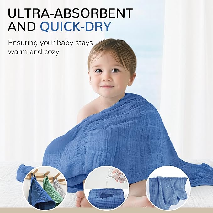 Muslin Hooded Towels, 3 Pack Cotton Bath Towels With Hood for Newborn, Infant, Toddler - Soft and Absorbent Baby Shower Essential (35 X 35'') (Green + Grey + Dark Blue)