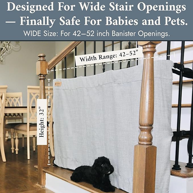 The Stair Barrier First Fabric Banister to Banister Baby Gates for Stairs 42”–52” Wide x 32” Tall– No Drill Baby Gate for Top or Bottom Staircase, Machine-Washable Climb Proof, Designed in USA, Grey