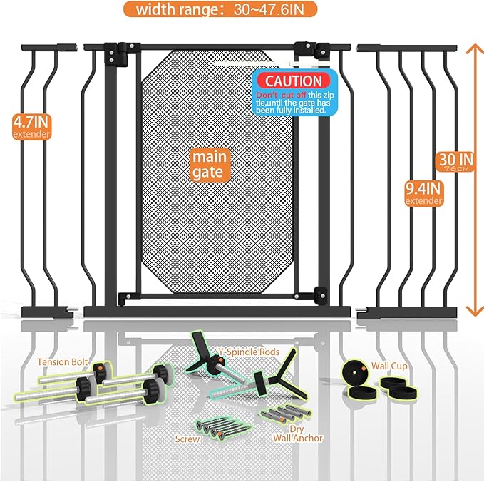 30-47.6" Baby Gate for Stairs & Doorways,Auto Close Extra Wide Dog Gate for House, Pressure-Mounted Safety Gate,with 180°Swing & Dual Lock, with Large Walk Thru Door, for Toddlers and Pets,Black