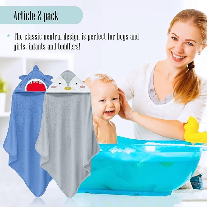 Cute Castle 2 Pack Hooded Baby Towel Rayon Made from Bamboo with 8 Washcloths - Soft Bath Towel for Bathtub for Babie, Newborn, Infant, Natural Baby Stuff Towel (Shark and Penguin)