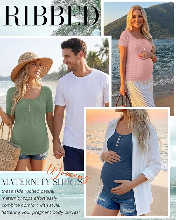4 Pack Womens Maternity Shirts Scoop Neck Cotton Short Sleeve Ribbed Pregnancy Top Henley Side Ruched Mama Clothes