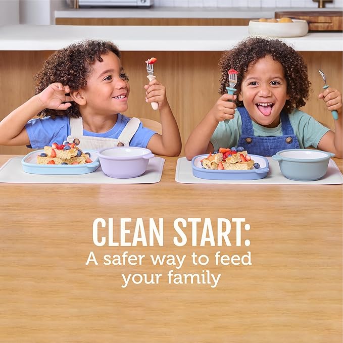Ello Clean Start Toddler Bowls 2 Pack | Ceramic Kids/Baby Bowls with Silicone Sleeves | BPA-Free, Plastic-Free | Microwave & Dishwasher Safe | High Chair Friendly, Stackable | Quiet Tide/Tech Blue