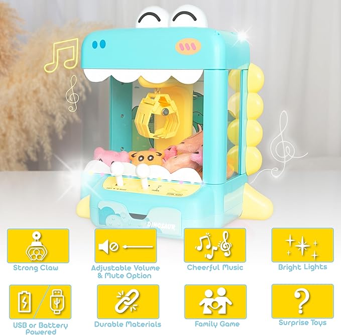 Claw Machine for Kids - Mini Arcade Game - Vending Machine - Candy Grabber Toys - Silent Mode, Lights, USB - Plush Toys & Easter Eggs, Surprise Stickers - Fun Gift for Kids, Boys & Girls (Dinosaur)