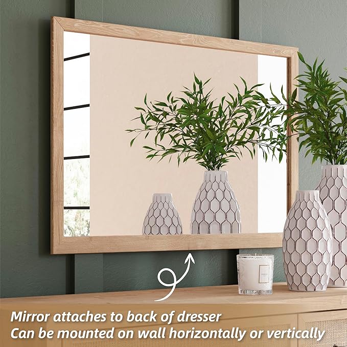 Signature Design by Ashley Cielden French Country 6-Drawer Dresser and Mirror with Safety Stop, Light Brown