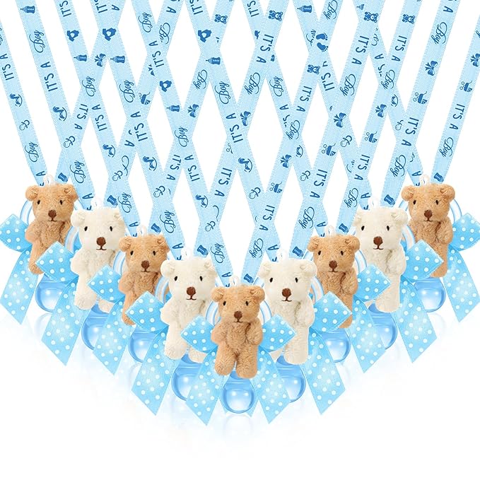 Remuuly 24 Pcs Baby Shower Pacifier Necklaces with Plush Bears Its a Boy Acrylic Pacifier Necklaces for Guest Baby Shower Games Party Favors Gender Reveal Prize Table Scatter Decorations