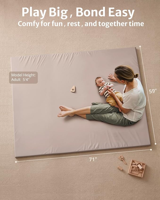 Blissful Diary Vegan Leather Baby Play Mat, 71x59 Thicken Foam Cushioned & Waterproof Playpen Mat for Infants and Toddlers, Stylish and Just Wipe-Clean Playmat for Baby Play on Floor, Taupe