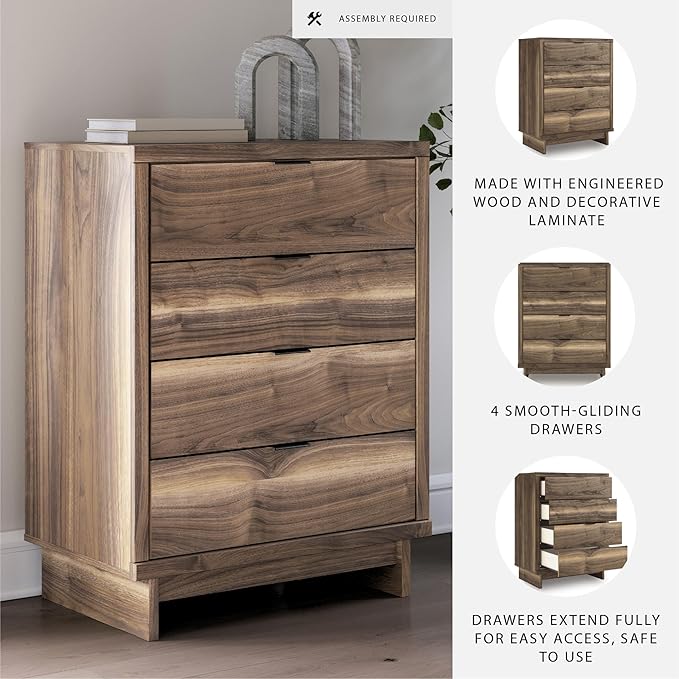 Signature Design by Ashley Darcalli Mid-Century Modern 4-Drawer Chest with Easy Glide and Safety Stop for Bedroom, Light Brown