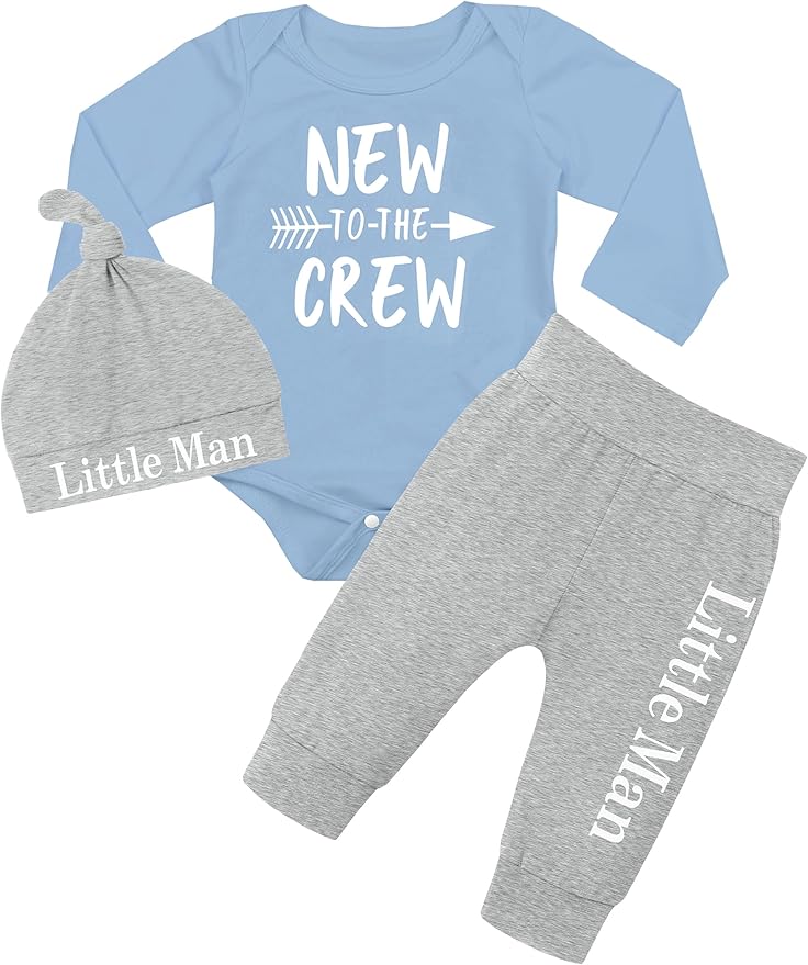 Fommy Newborn Baby Boy Clothes New to The Crew Letter Print Romper+ Pants+Hat 3PCS Outfit