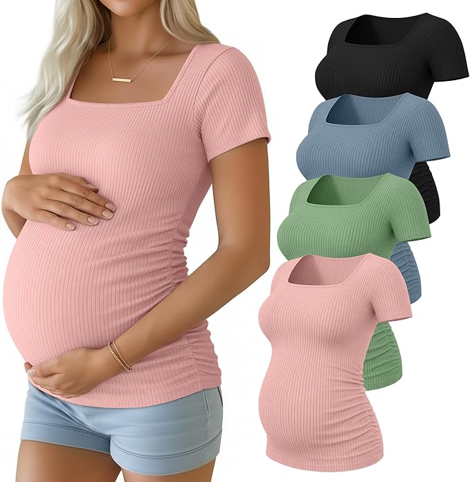 Huukeay 4 Pack Women's Maternity Shirts Cotton Ribbed Short Sleeve Square Neck Pregnancy Tops Side Ruched Summer Tee