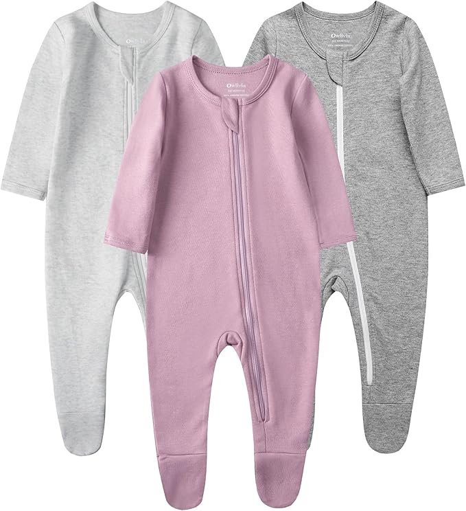 Owlivia Organic Cotton Baby Pajamas, Boys Girls 3-Pack Zip Front Sleep 'N Play, Footed Sleeper, Long Sleeve