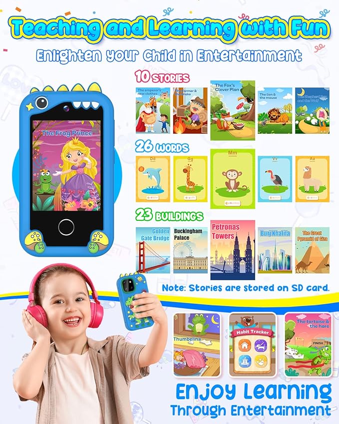 Kids Smartphone Toy for 3-8 Year Old Girls & Boys - No Internet/Calls, HD Camera, MP3 Player, Learning Games | Christmas Birthday Gift for Toddlers (Blue)