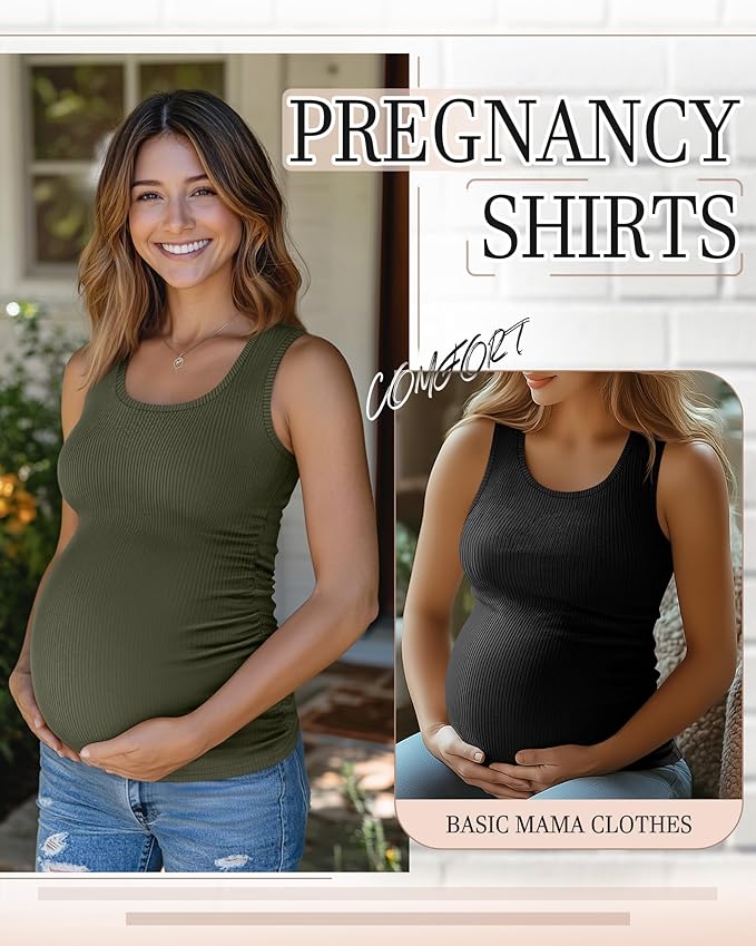 Riyiper 3 Pack Women's Maternity Tank Tops, Sleeveless Cotton Pregnancy Shirts Ribbed Knit Sides Ruched Basic Mama Clothes