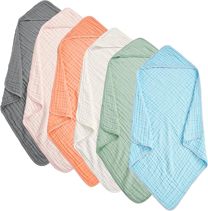 Muslin Hooded Baby Towels 6 Pack - 32x32 Inches, Premium 6-Layer 100% Cotton Extra Soft Absorbent Bath Towels for Infant, Newborn Gift Set (6 Pure Colors)