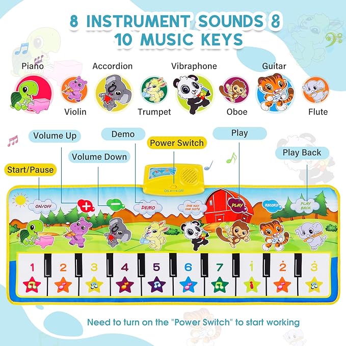 M SANMERSEN Piano Mat, 39.5" X 14" Musical Mat Floor Piano Keyboard Mat 8 Instrument Sounds Piano Mat for Toddlers Touch Play Dancing Mat Toy for 1 2 3 Year Old Boy and Girl Gifts