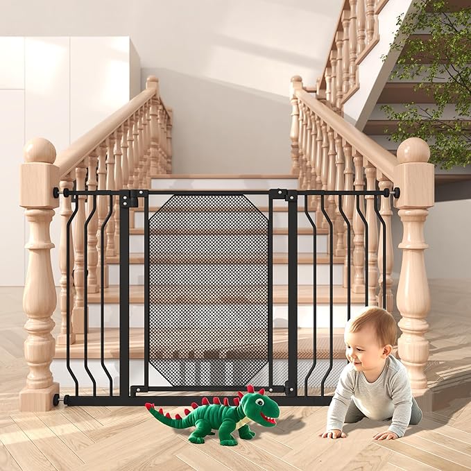 30-47.6" Baby Gate for Stairs & Doorways,Auto Close Extra Wide Dog Gate for House, Pressure-Mounted Safety Gate,with 180°Swing & Dual Lock, with Large Walk Thru Door, for Toddlers and Pets,Black