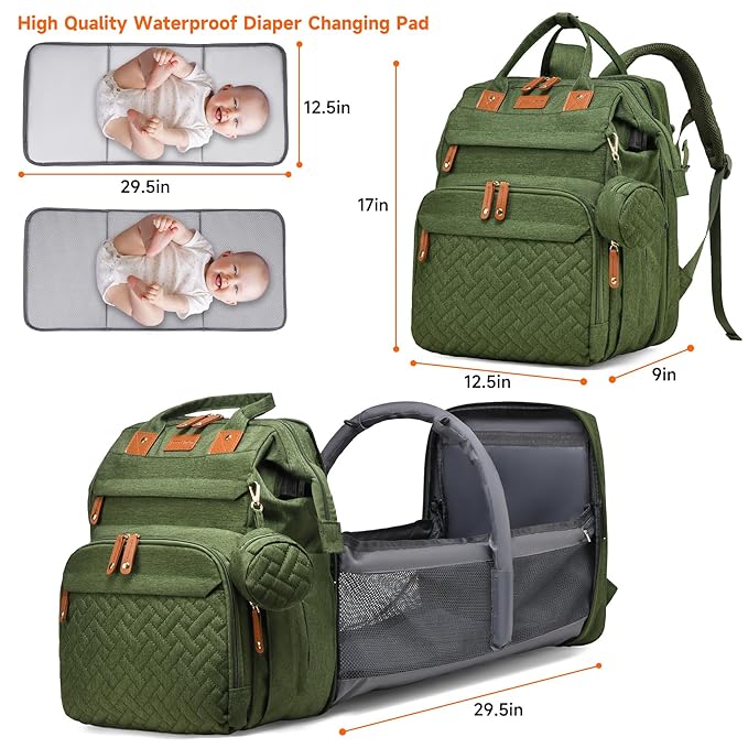 Baby Diaper Bags with Changing Station Multifunctional Waterproof Diaper Bag Backpack Travel Baby Bag with Changing Pad, Pacifier Case,Baby Essentials(Army Green)