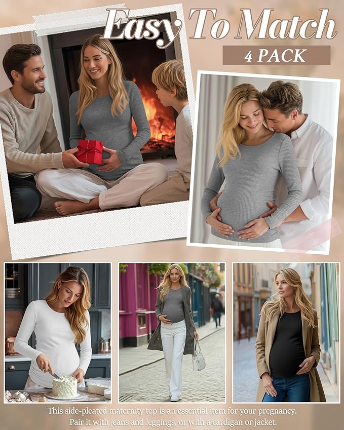 Huukeay 4 Pack Women's Maternity Shirts, Long Sleeve Cotton Ribbed Pregnancy Tops Side Ruched Crew Neck Casual Mama Clothes